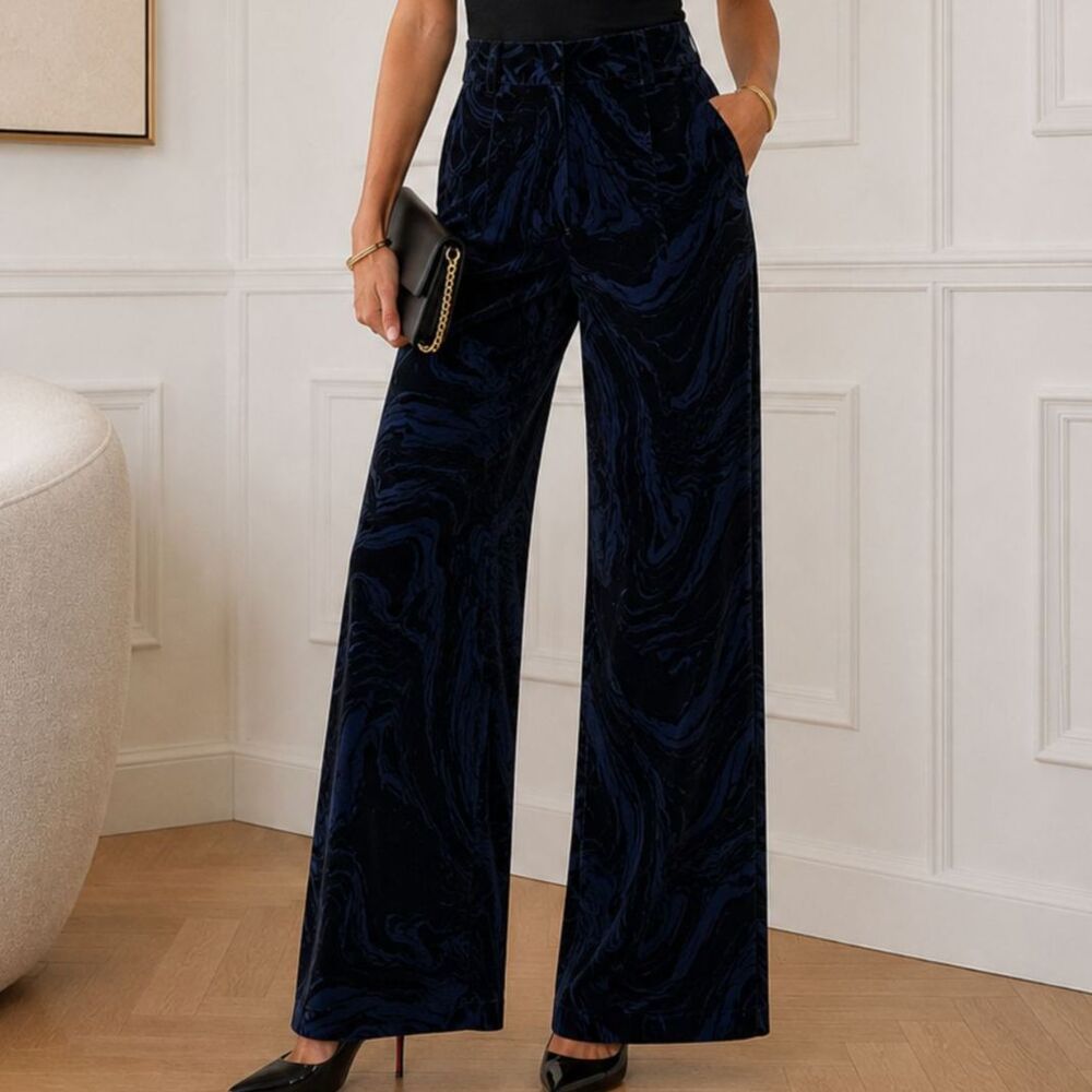 NWT ba&sh Teana Wide-Leg Velvet Pants Navy/Black Marble Print Size 1, US 4 Small